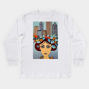 Woman with flowers in her hair Kids Long Sleeve T-Shirt